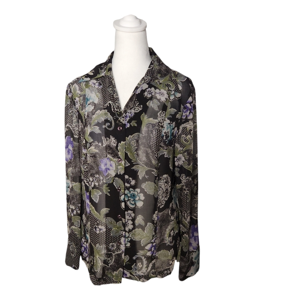 Evan Picone Dark Floralβ Long Sleeve Sheer Blouse Size 10